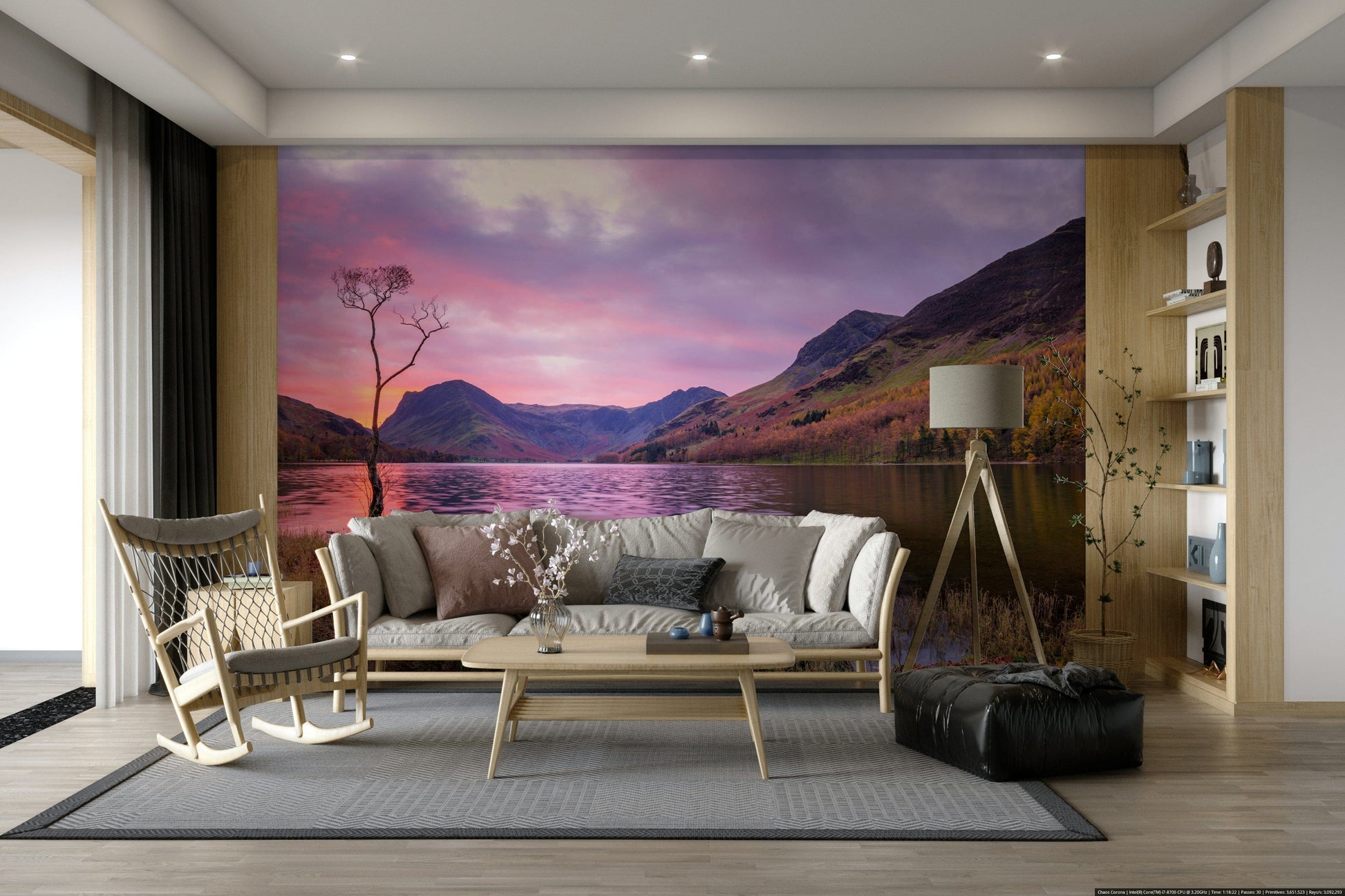 An artistic peaceful landscape mural on minimalist wallpaper.

