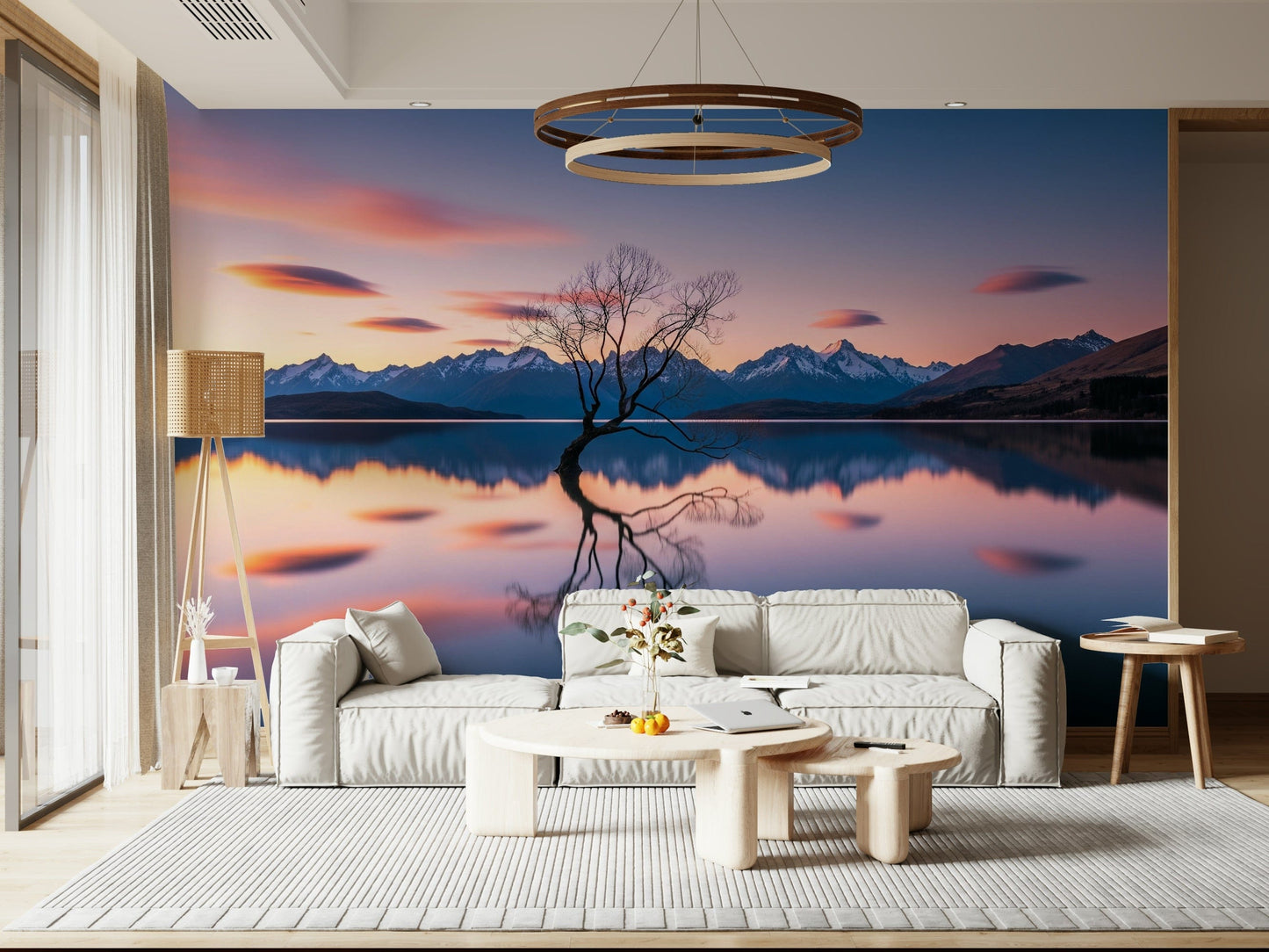 New Lake Serenity Dusk wall mural, perfect for bedrooms, purple and orange hues.