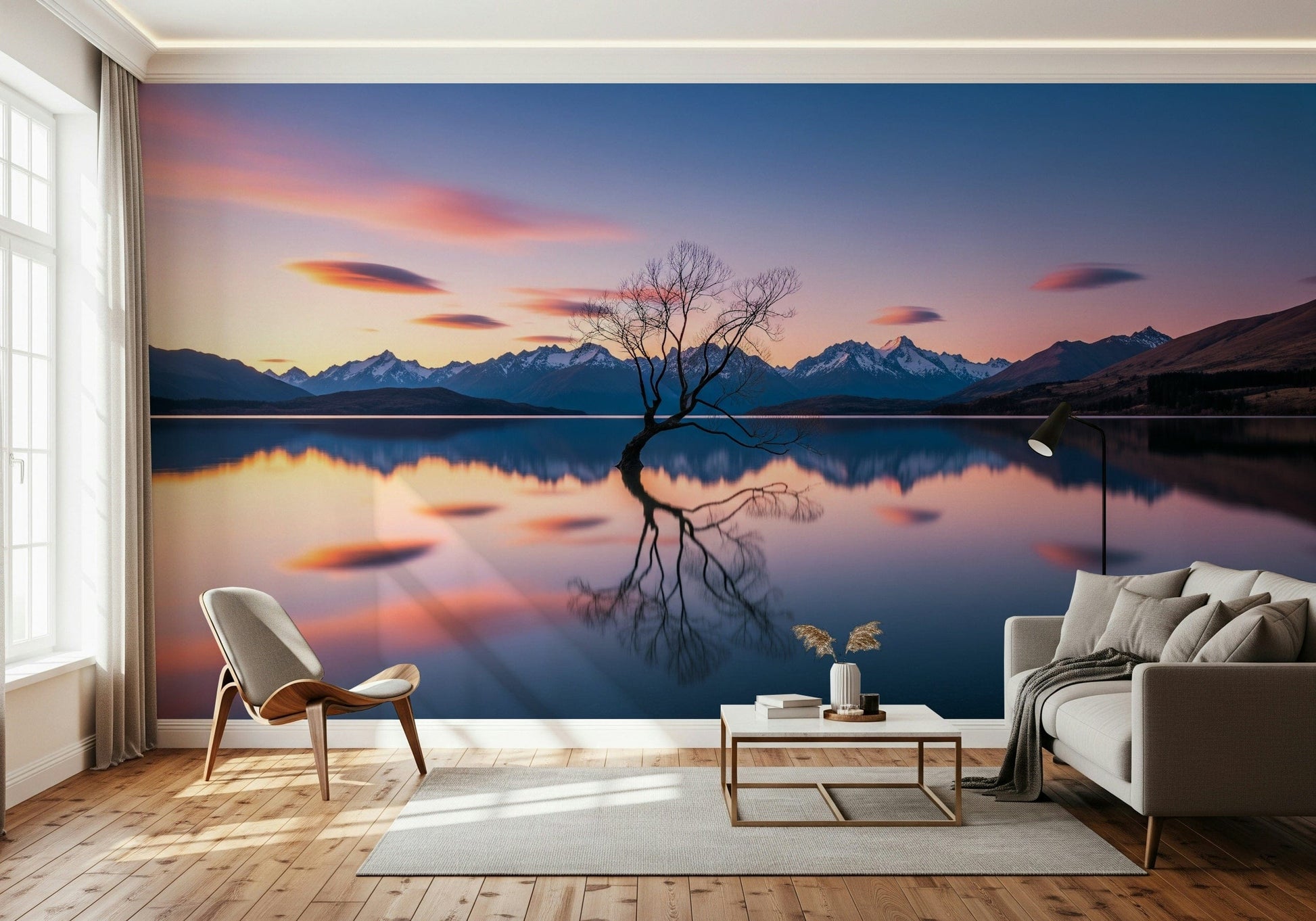 Purchase Lake Serenity Dusk wall mural, elegant visual, lone tree standing.