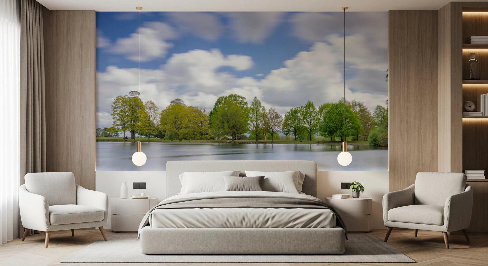 Refreshing bedroom tree line print, Lake Guardian Wall Mural.