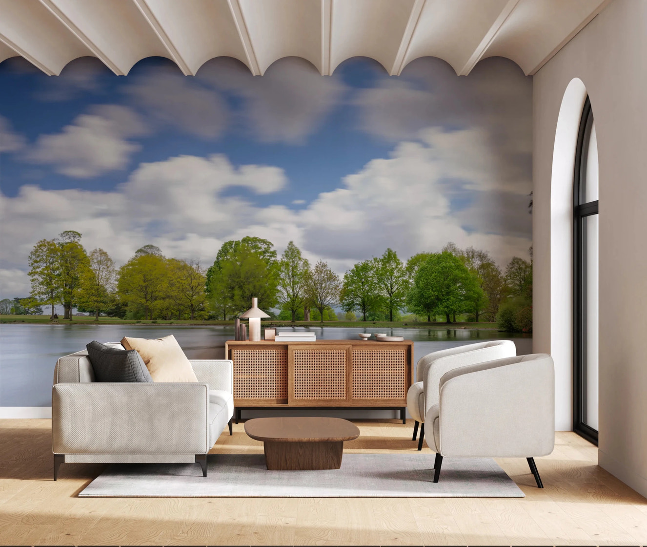 Motion blur clouds above a calm water Lake Guardian Wall Mural.