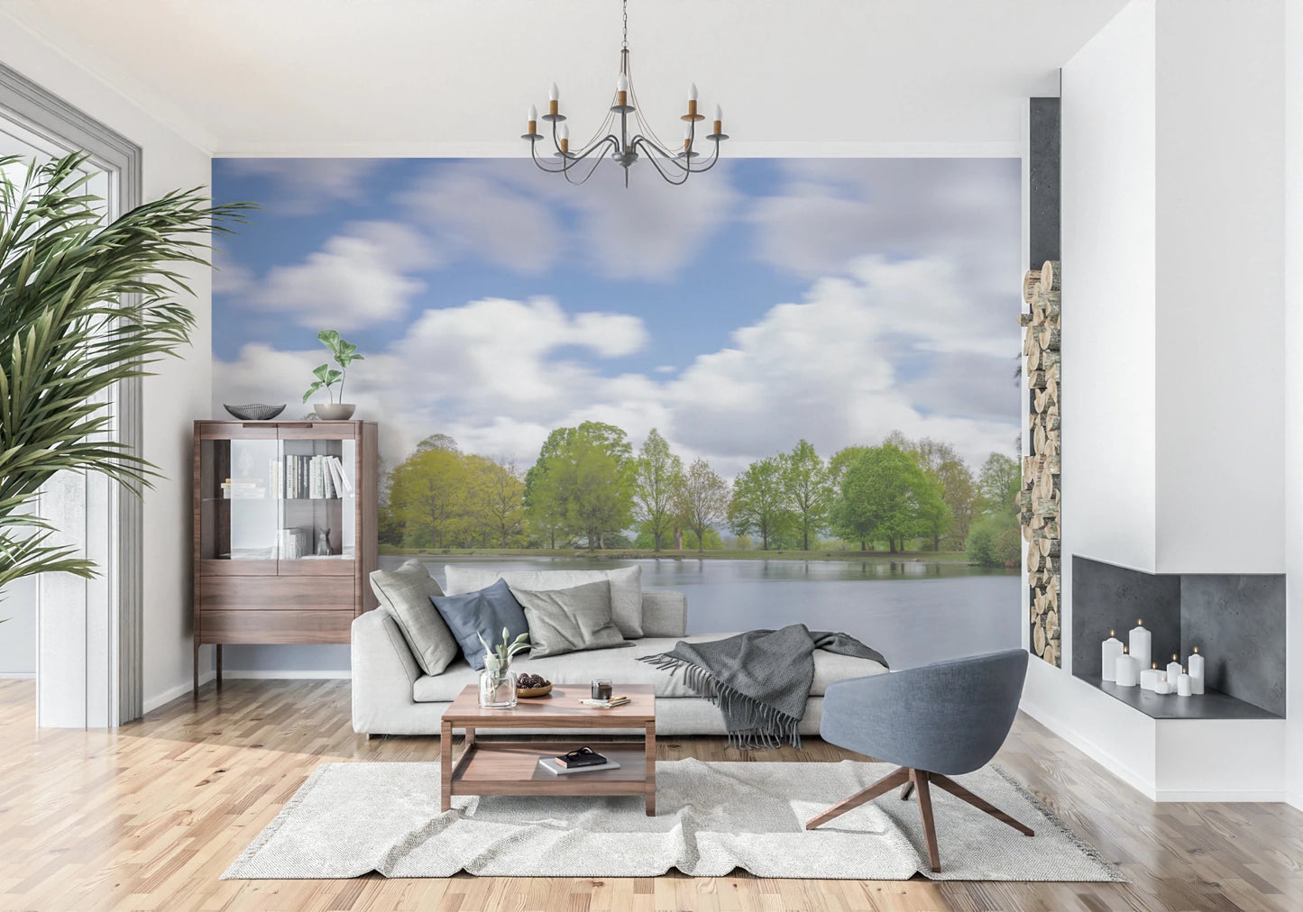 Clear blue sky and fluffy clouds in a Lake Guardian Wall Mural.