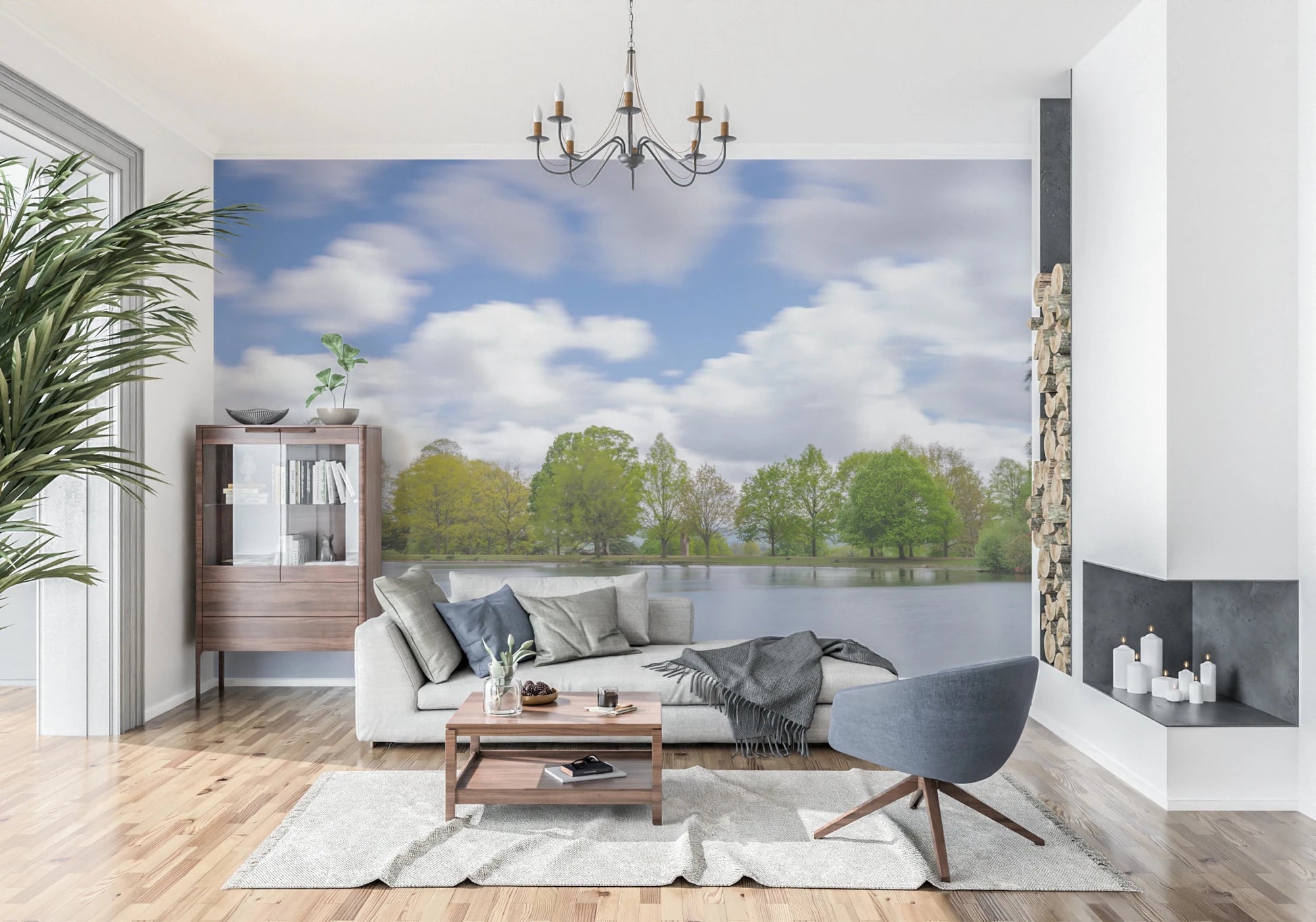 Clear blue sky and fluffy clouds in a Lake Guardian Wall Mural.