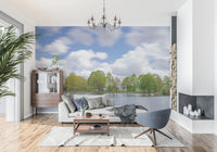 Clear blue sky and fluffy clouds in a Lake Guardian Wall Mural.