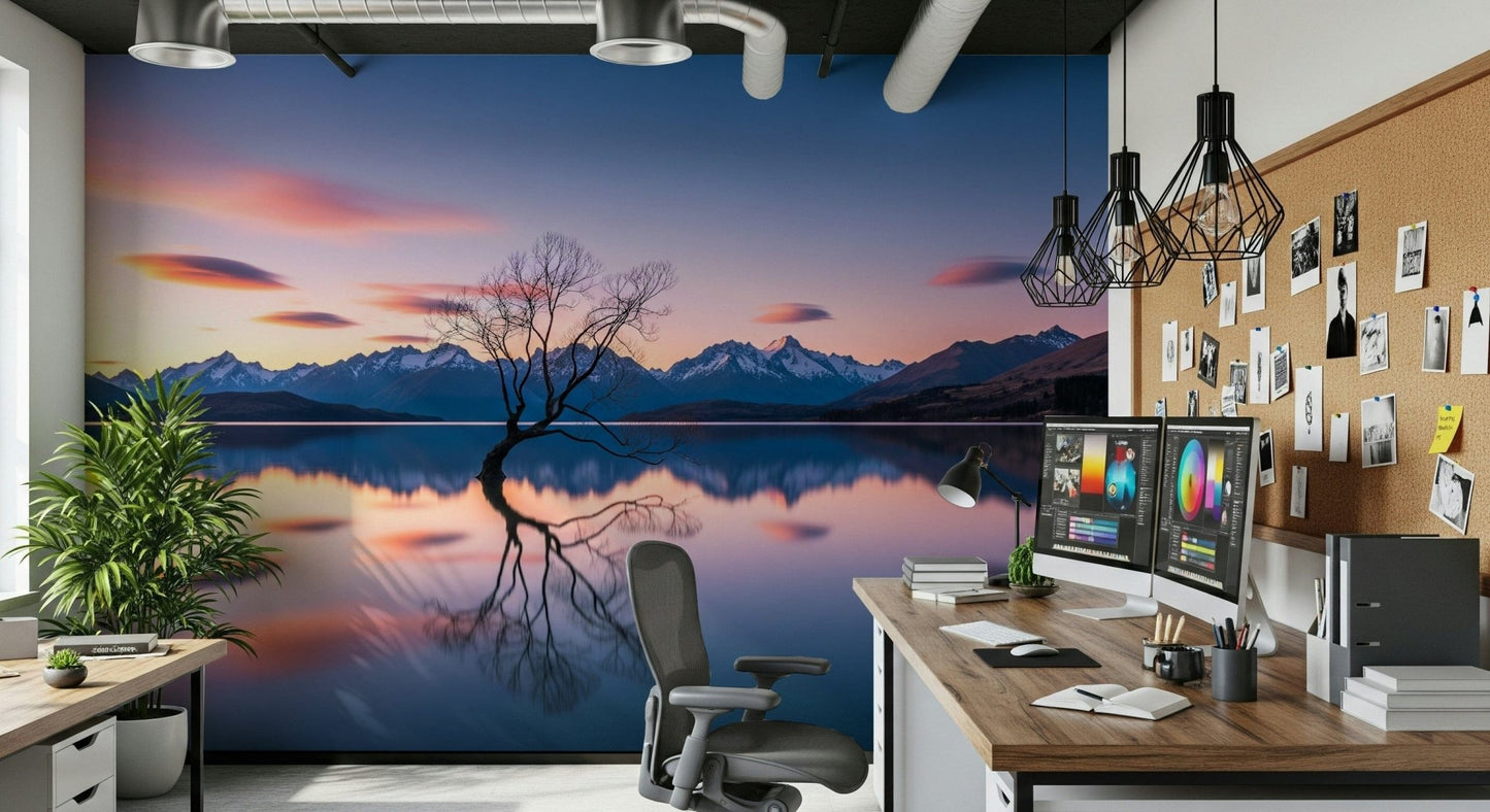 Reflection detail Lake Serenity Dusk, striking silhouette, distant ranges, peaceful design.