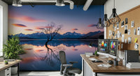 Reflection detail Lake Serenity Dusk, striking silhouette, distant ranges, peaceful design.