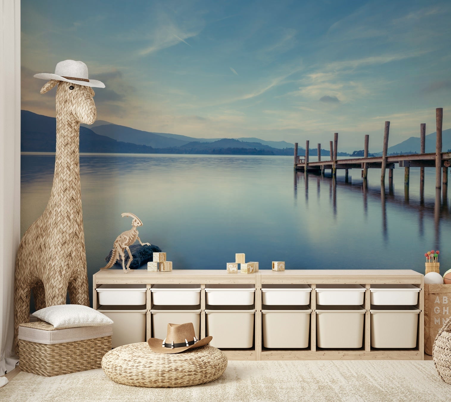 Distant mountains or serene sky reflected.

