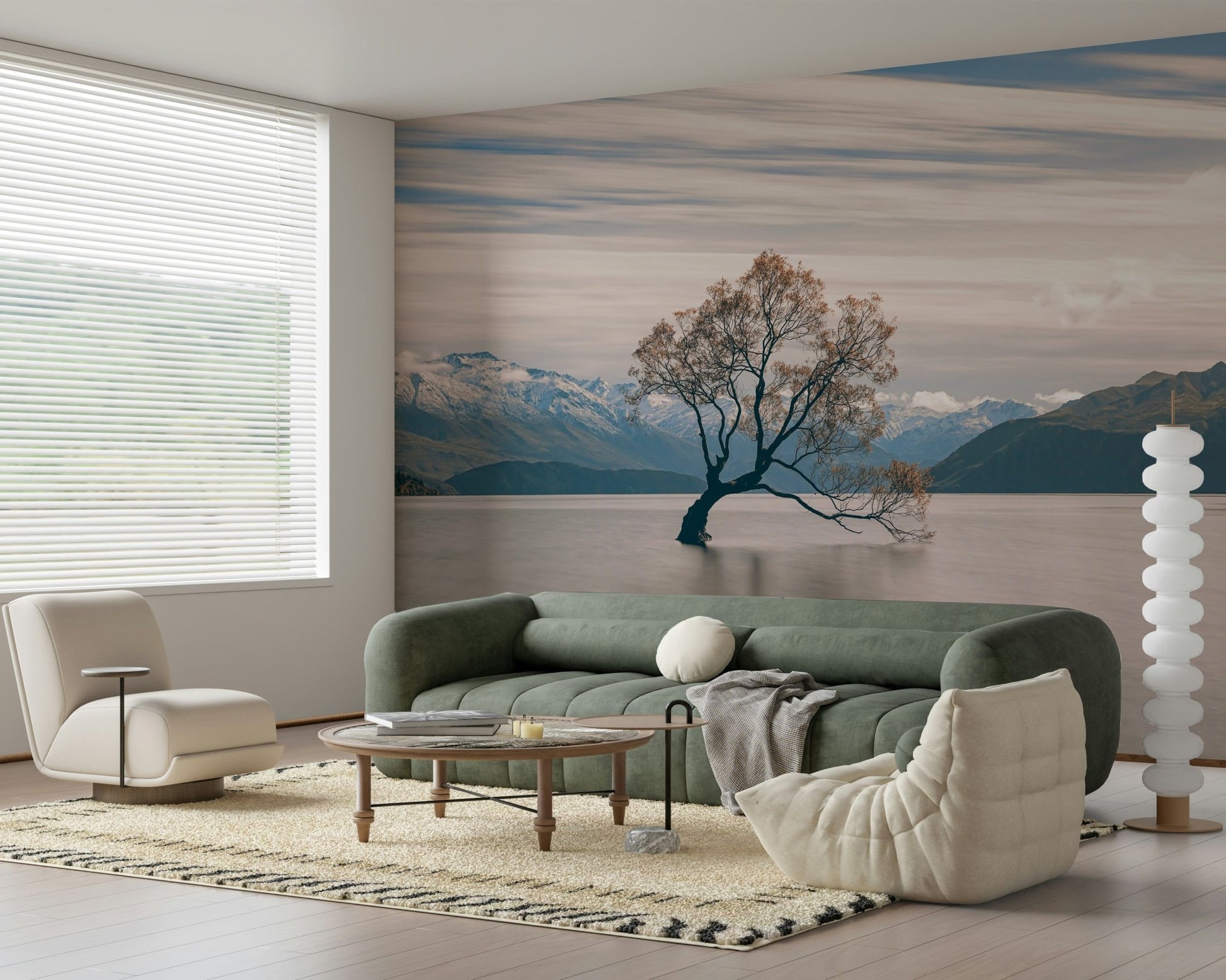 Minimalist landscape mural Lone tree in Wanaka Lake, smooth water surface texture.