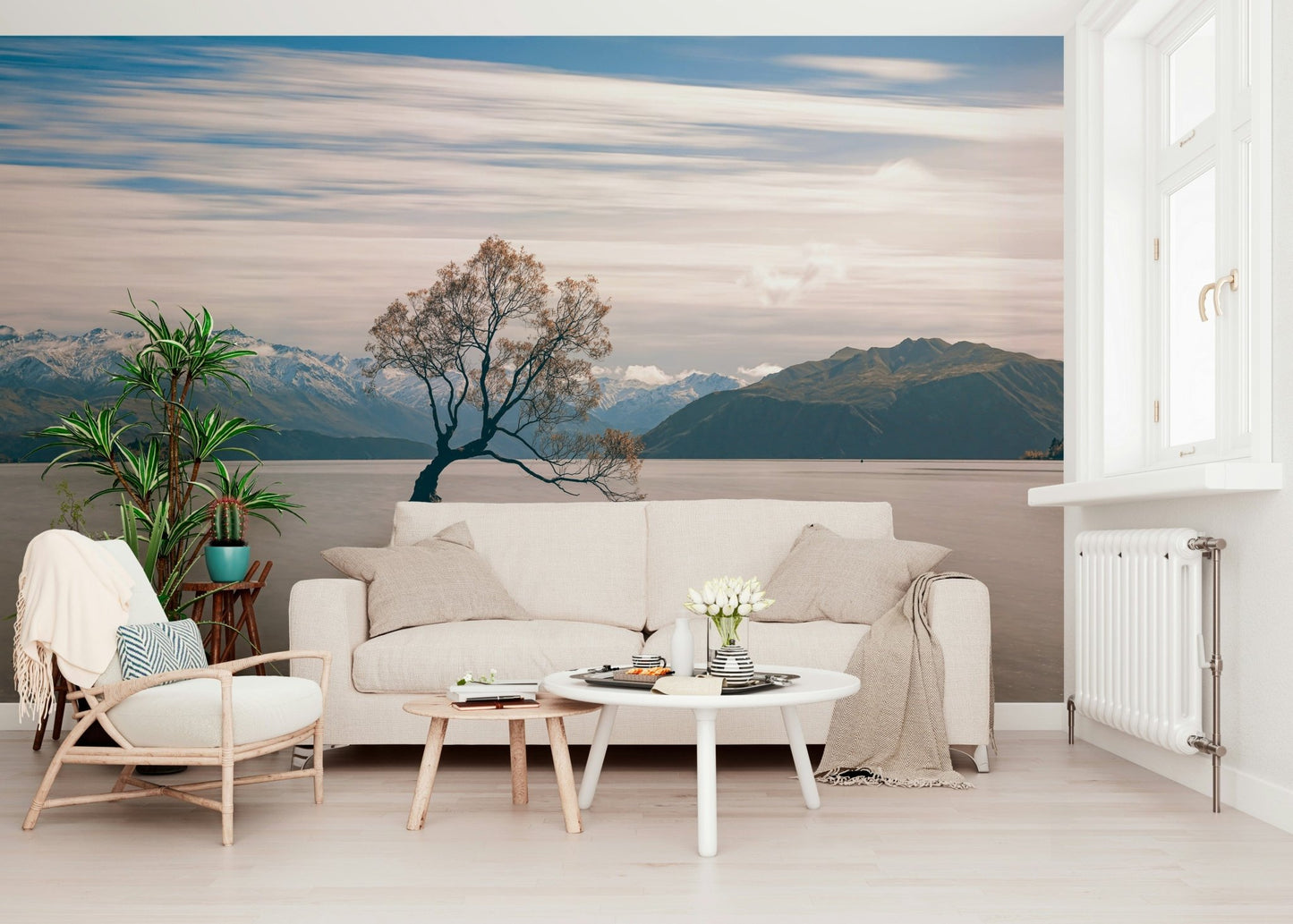 Lake Wanaka Tree Serenity Beautiful single tree in water, mountain range vista.