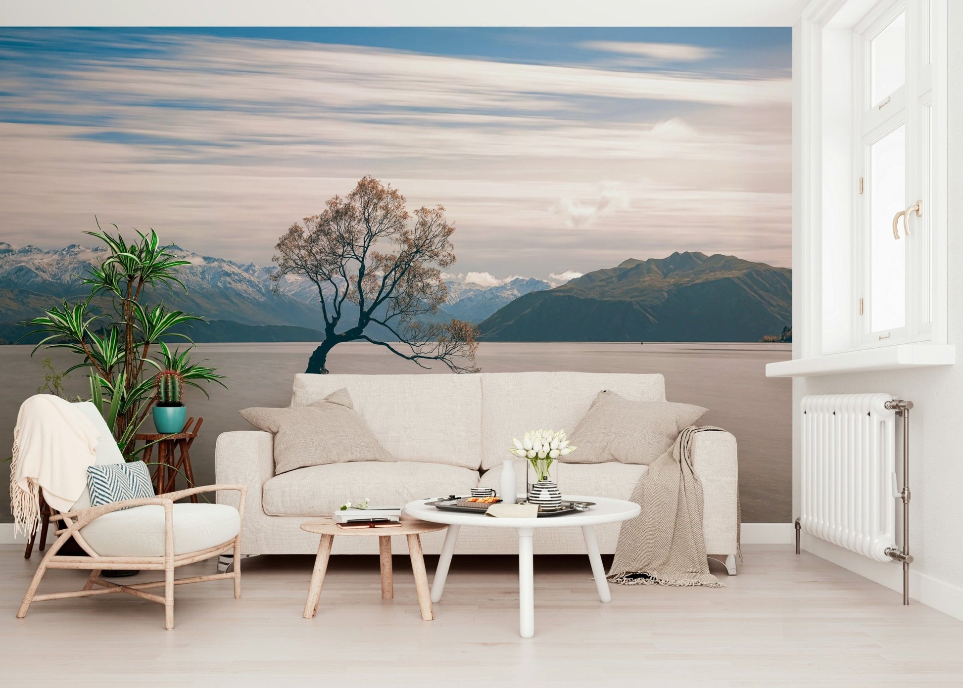 Lake Wanaka Tree Serenity Beautiful single tree in water, mountain range vista.