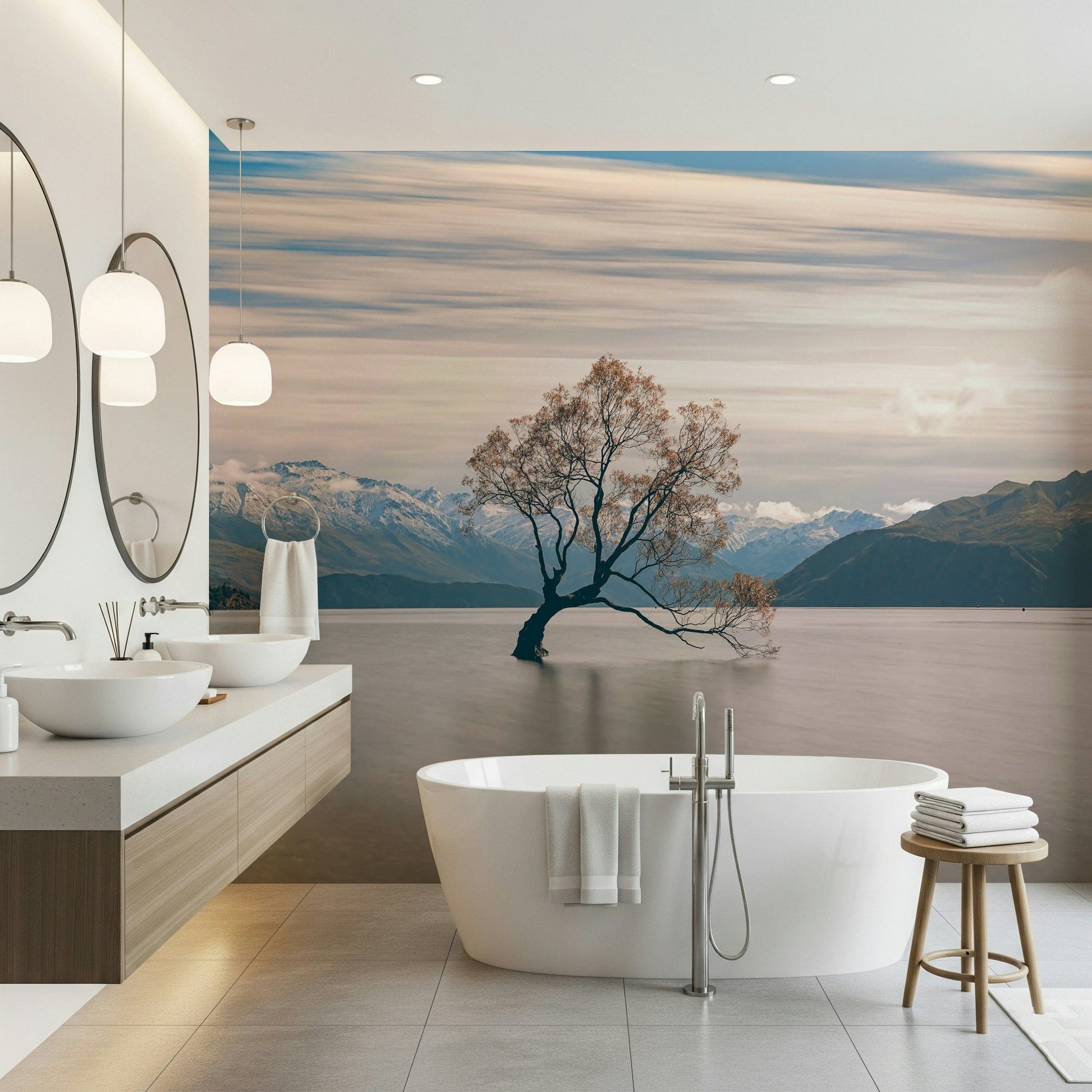 Lake Wanaka Tree Serenity wallpaper for walls: Majestic snow-capped peaks background.