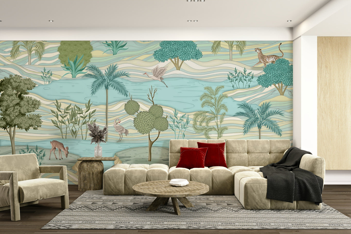 The colors are gentle and lush, with a natural, green and gray palette.

