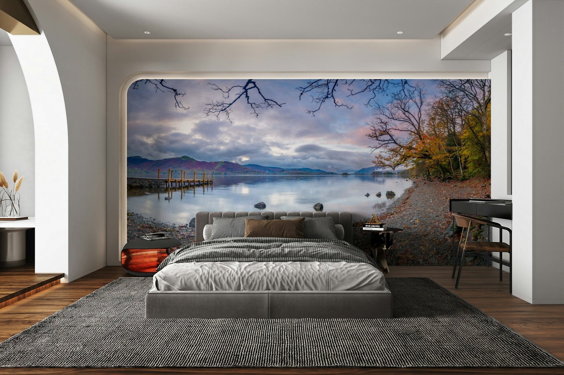 There are some tree branches in the water in the foreground.

