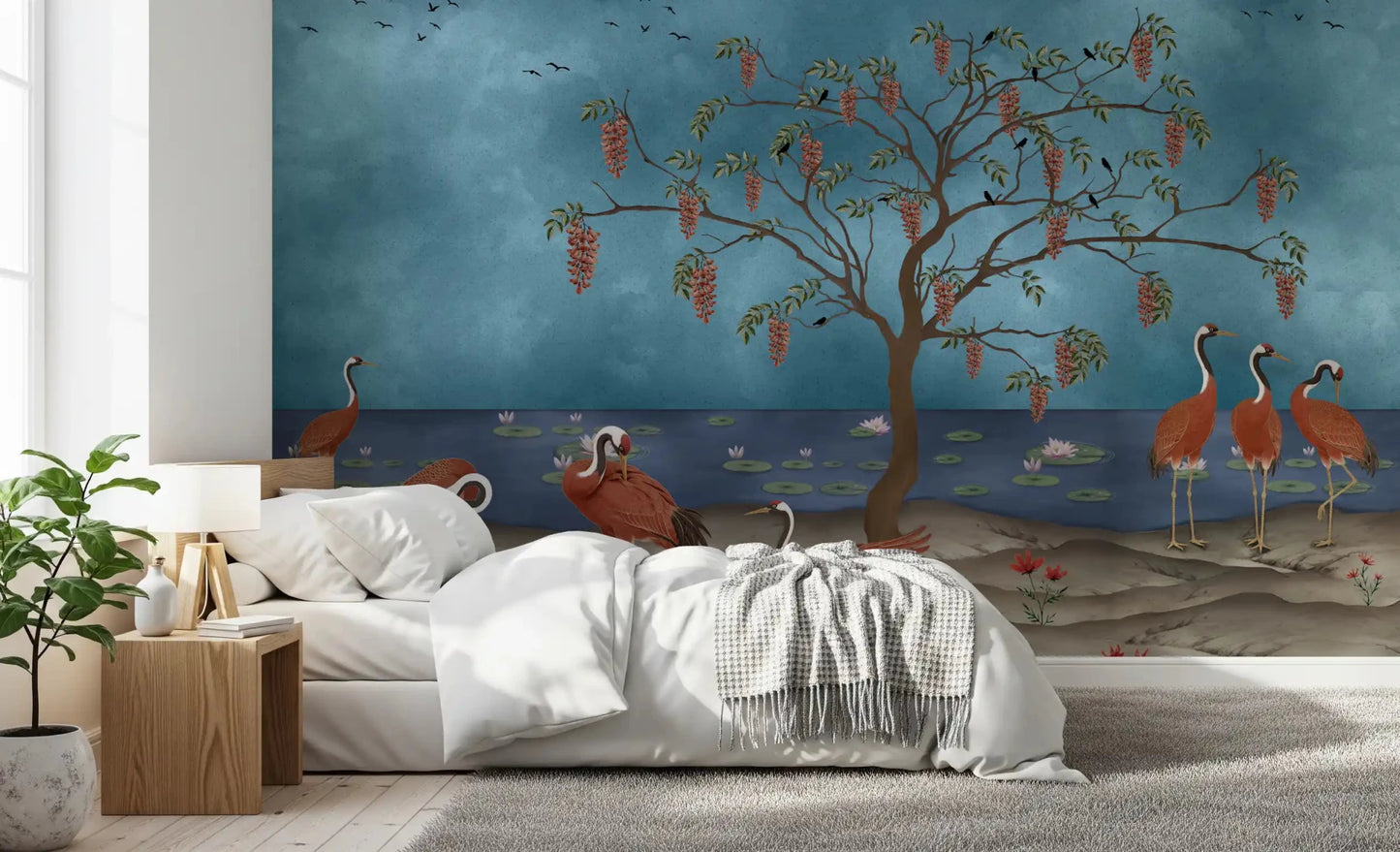 Lakeside Reverie: Cranes & Wisteria Wall Mural