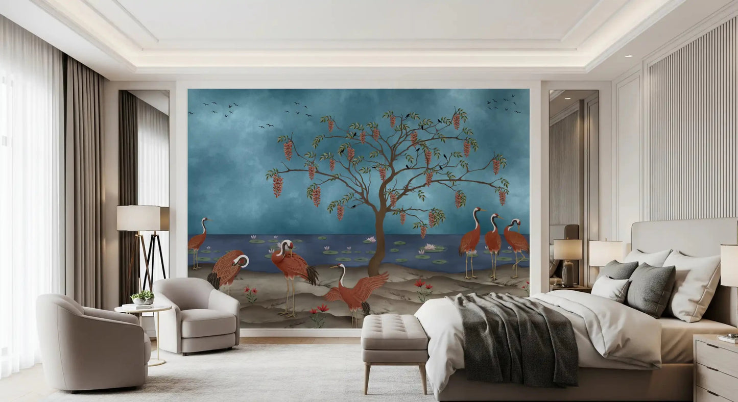 Lakeside Reverie: Cranes & Wisteria Wall Mural