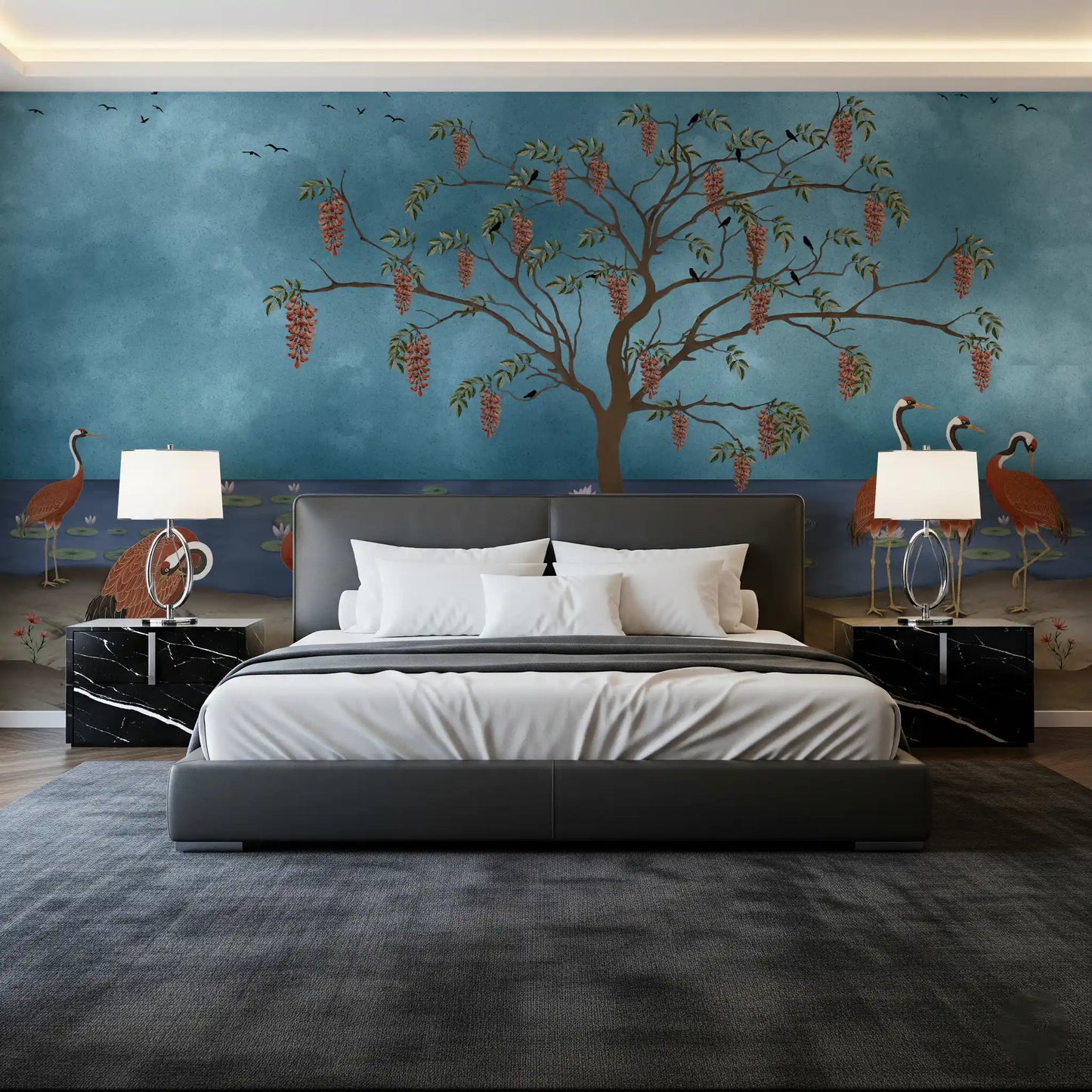 Lakeside Reverie: Cranes & Wisteria Wall Mural