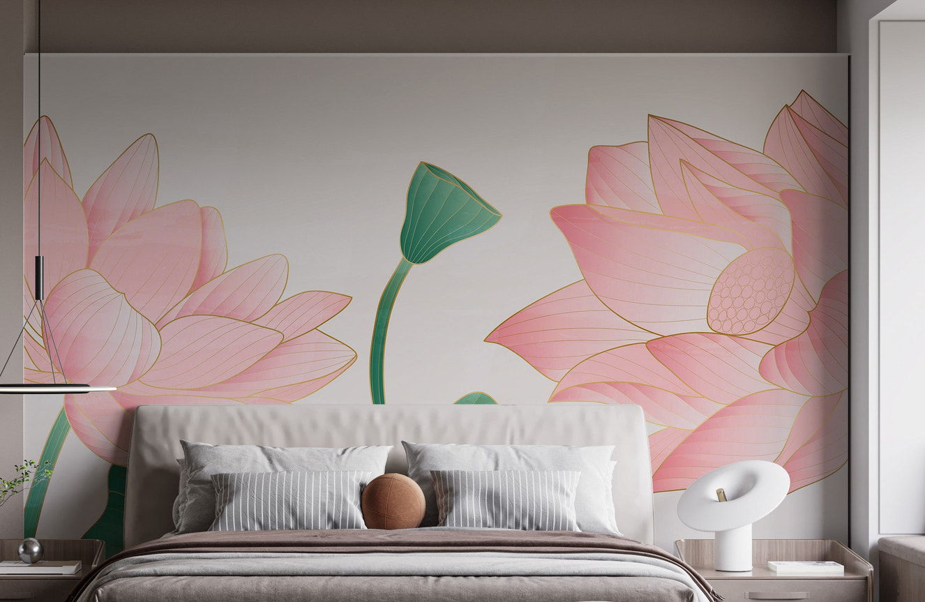 Gold and pink floral wall mural pattern
