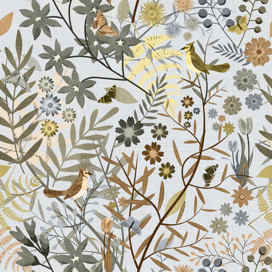 Papier peint gris doré à motif d'oiseaux de jardin