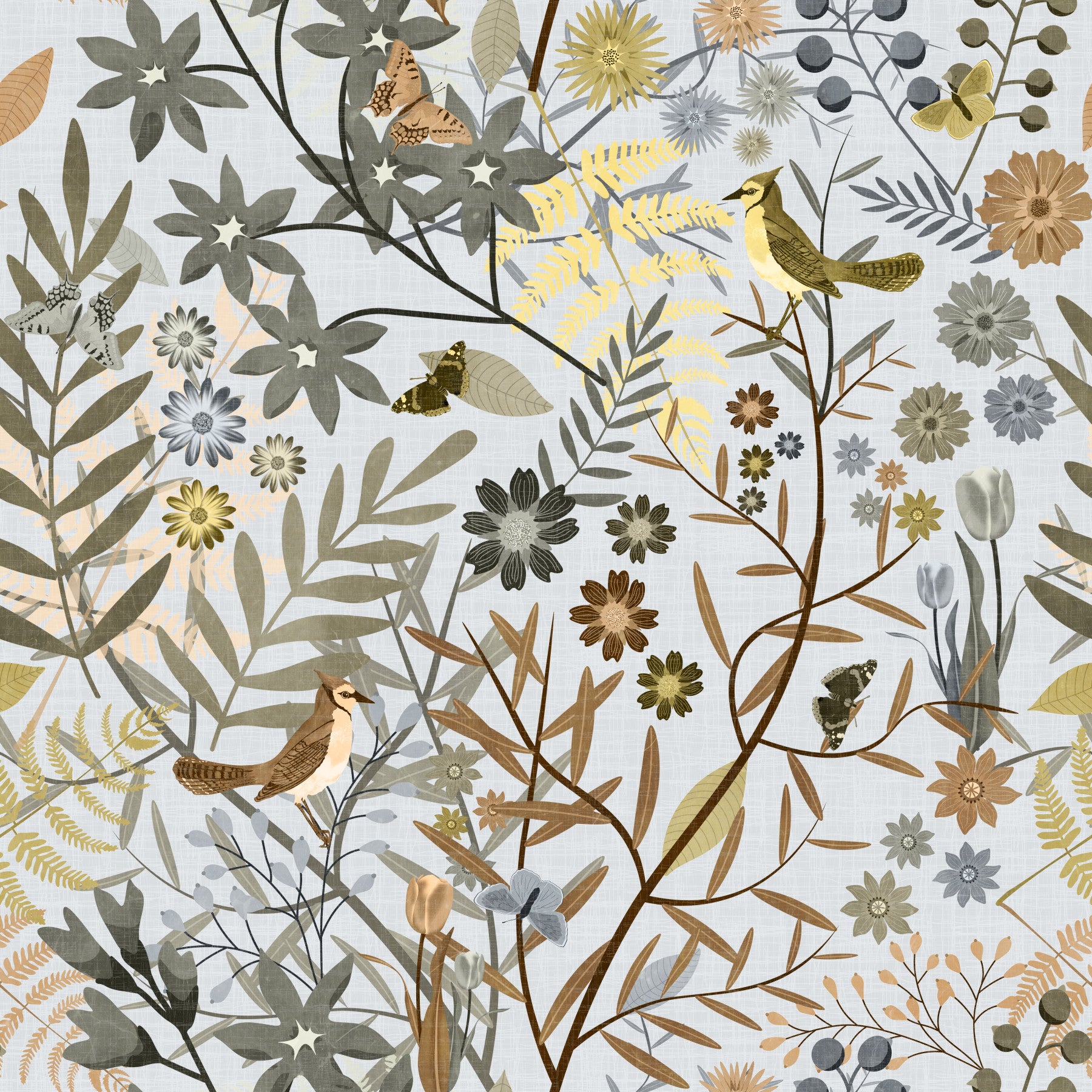 Vogelgarten-Tapete in Goldgrau in your room — zoomed