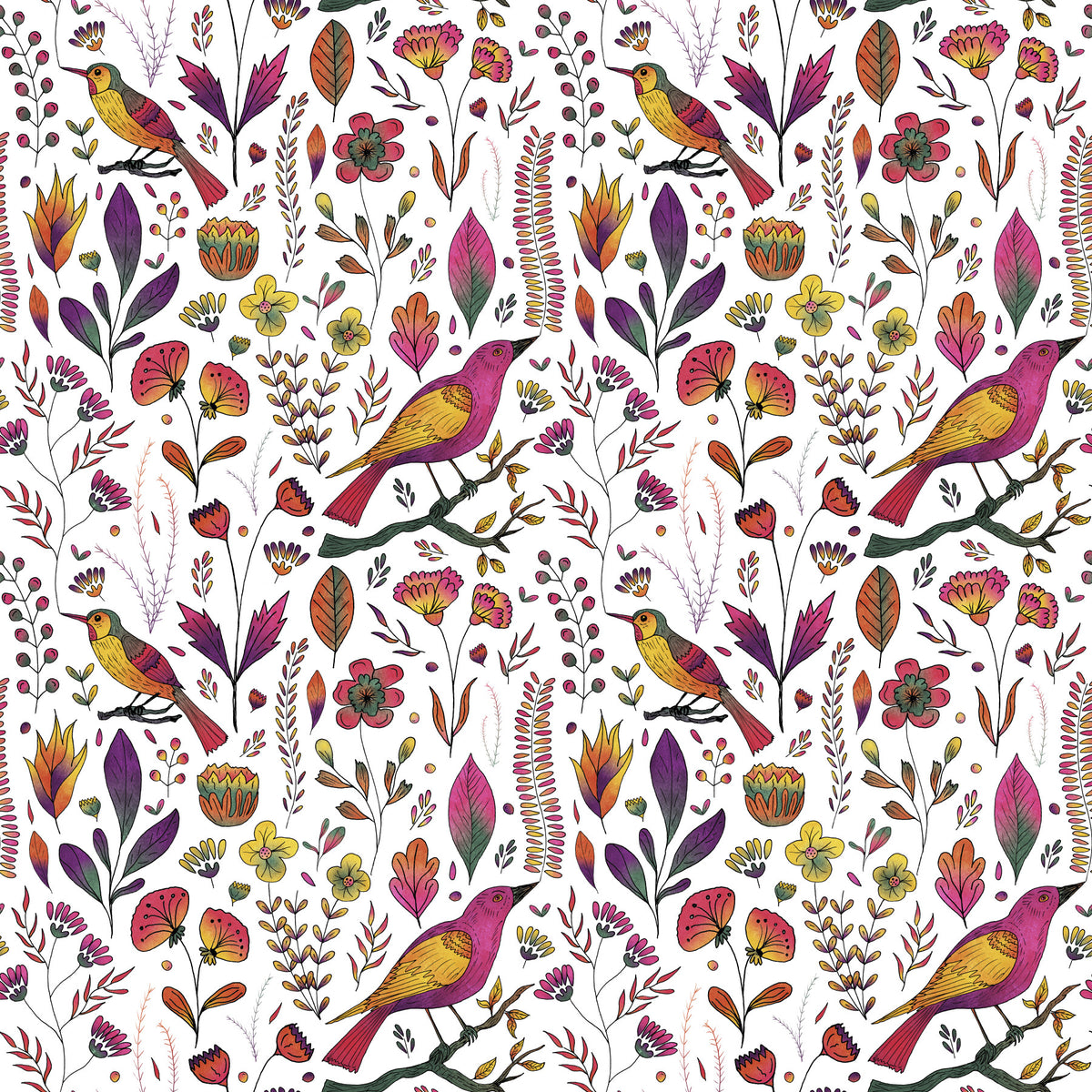 Whimsical Songbird Garden White Wallpaper