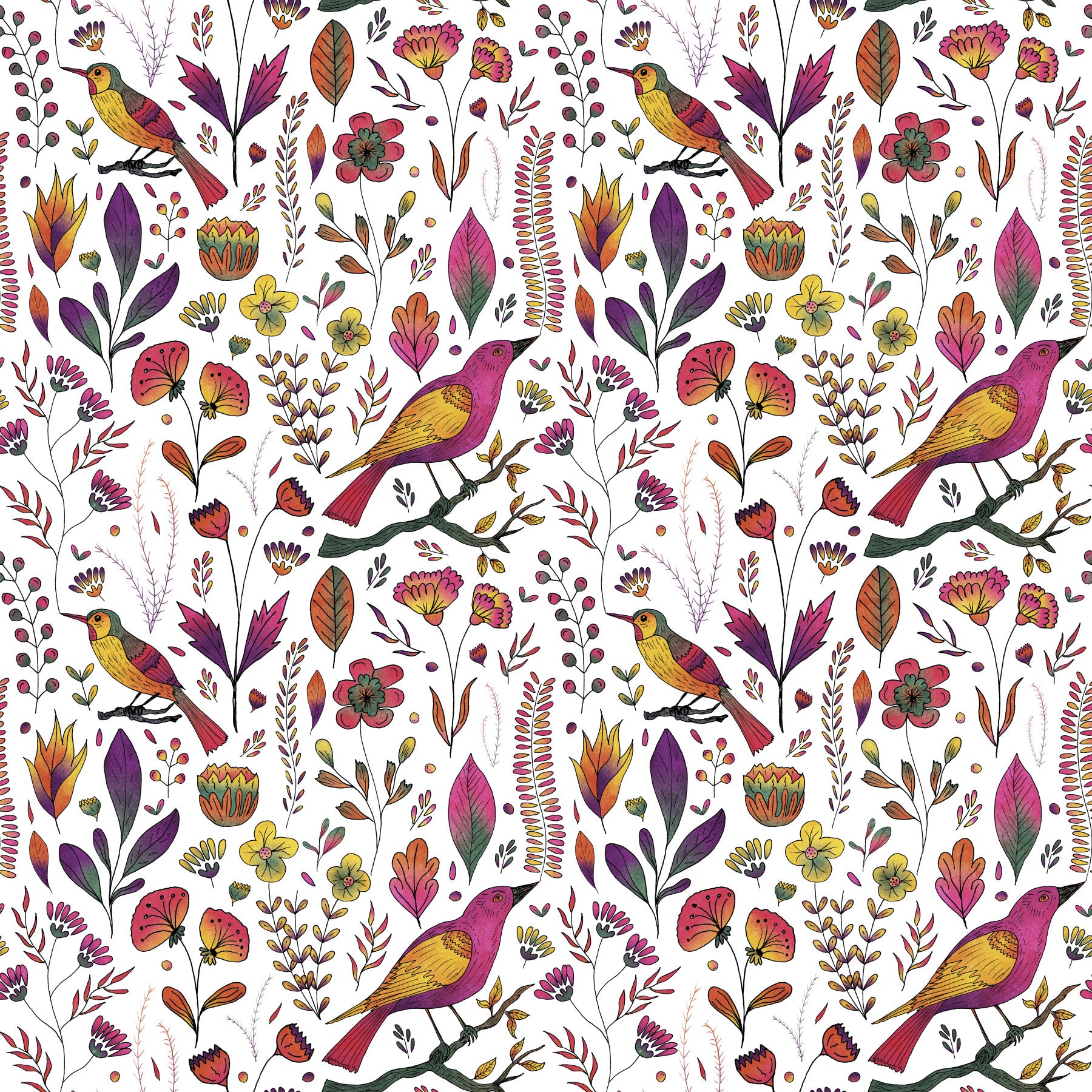 Whimsical Songbird Garden White Wallpaper in your room — zoomed