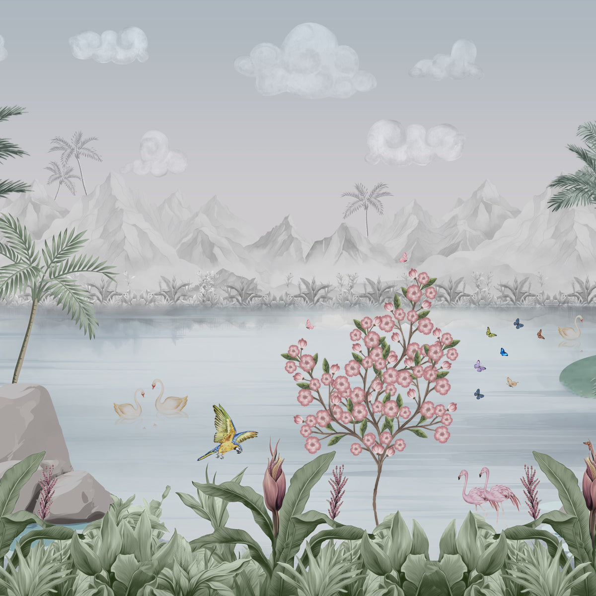 Misty Mountain Lake Escape Wall Seinämaalaus in your room — zoomed