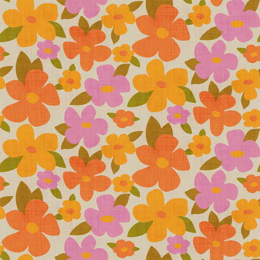 Papel pintado retro con flores brillantes en naranja, rosa y amarillo