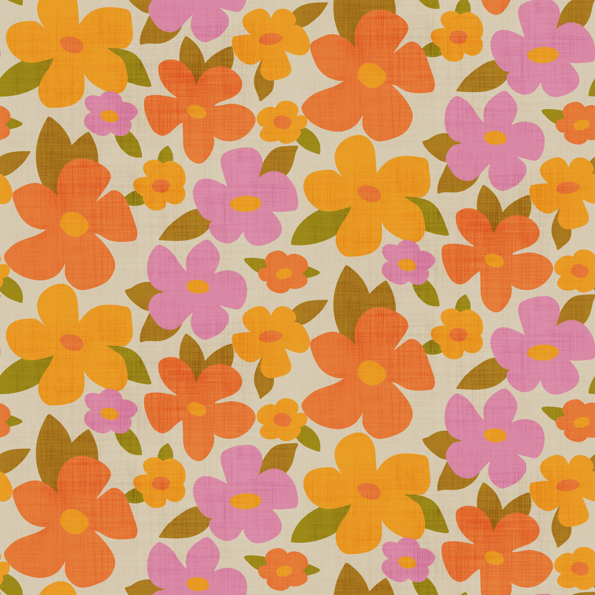 Papel de parede retro com flores vibrantes em tons de laranja, rosa e amarelo.