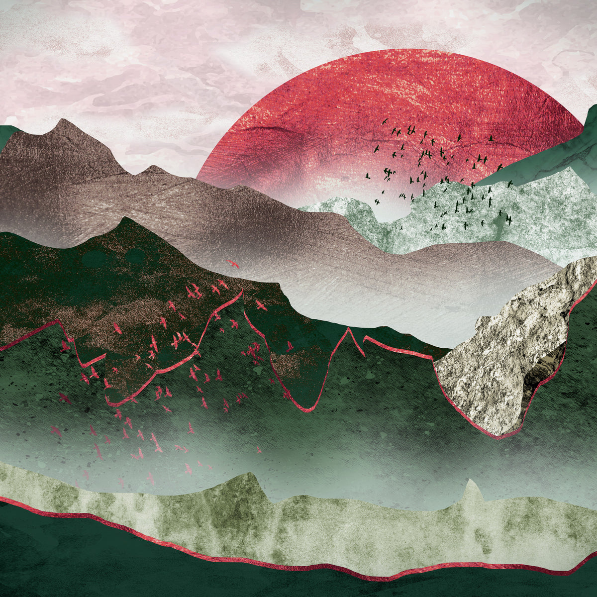 霧のような山々の深紅の夕日 in your room — zoomed