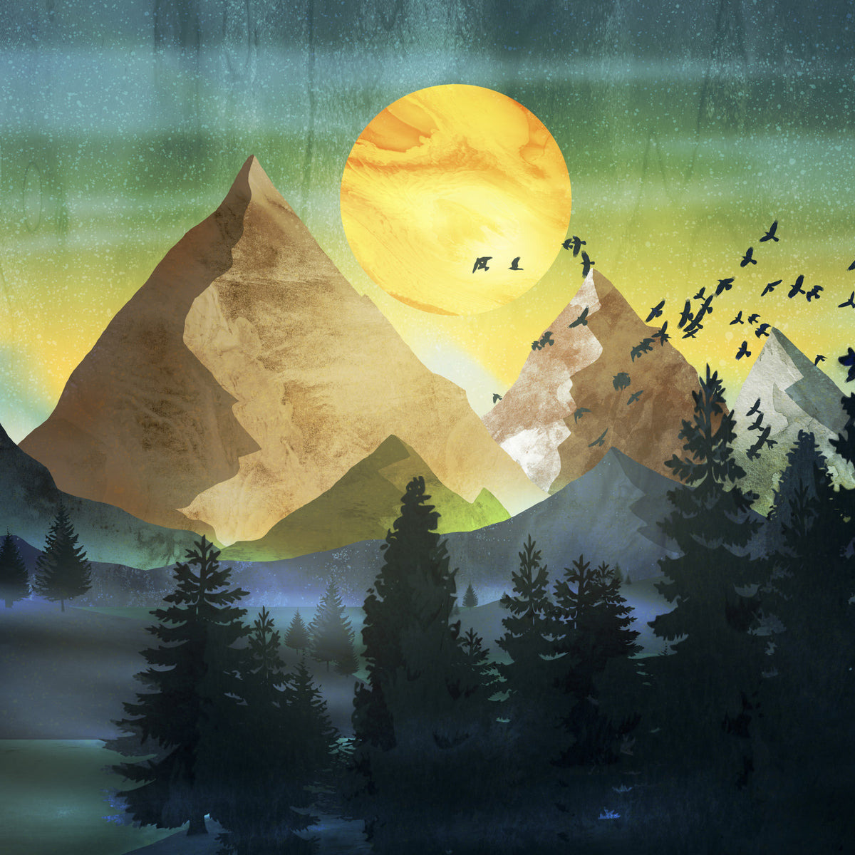 Flight of the Flock over The Mountains Wall Mural in your room