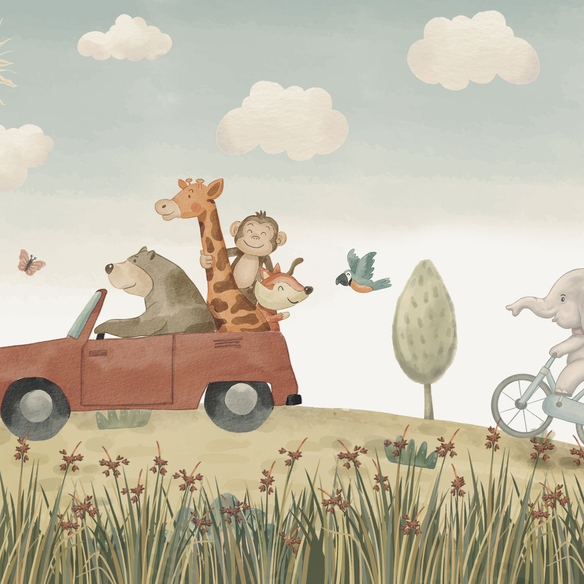 Dieren roadtrip muurschildering in your room
