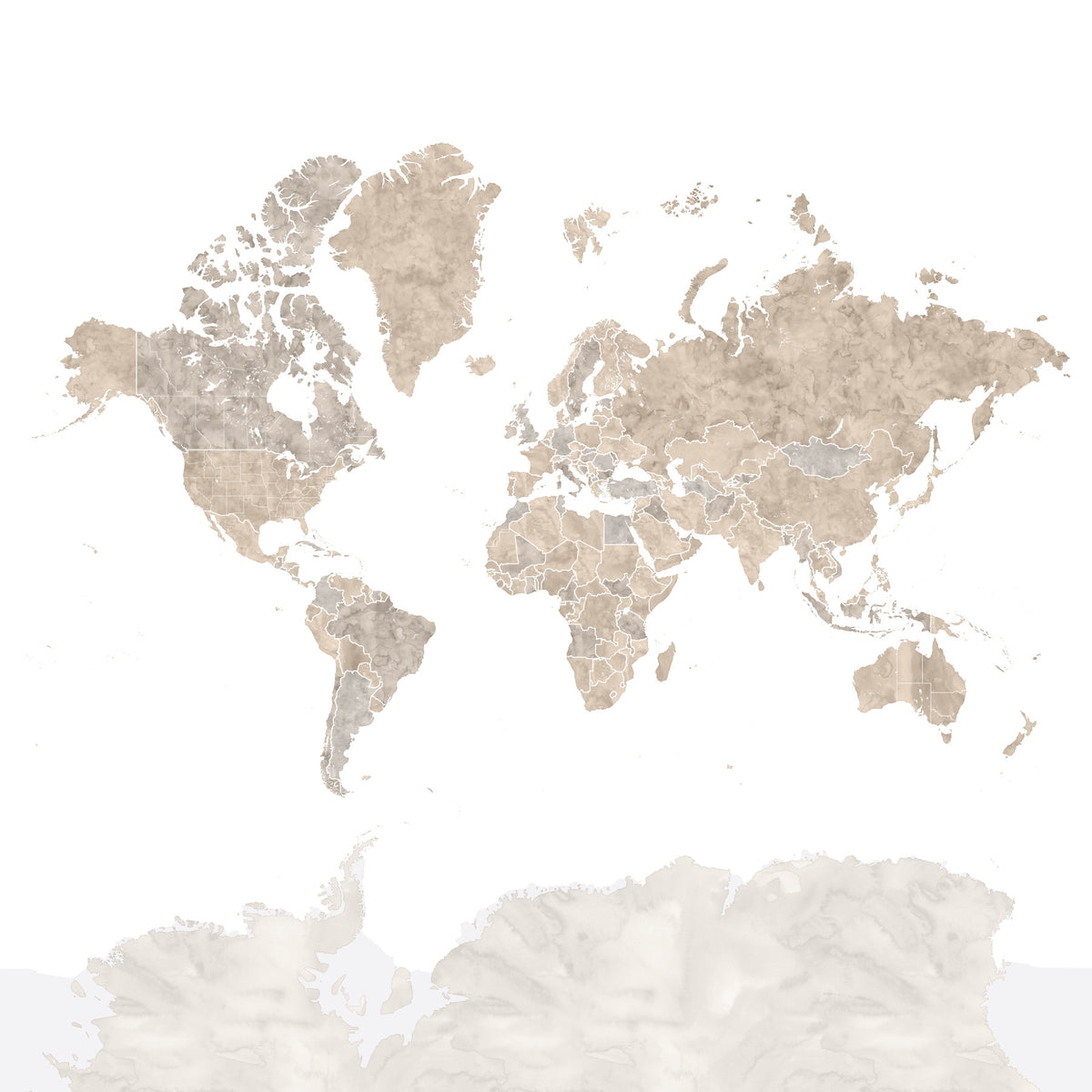 Sfondo neutro con mappa del mondo acquerellata con paesi delineati in your room