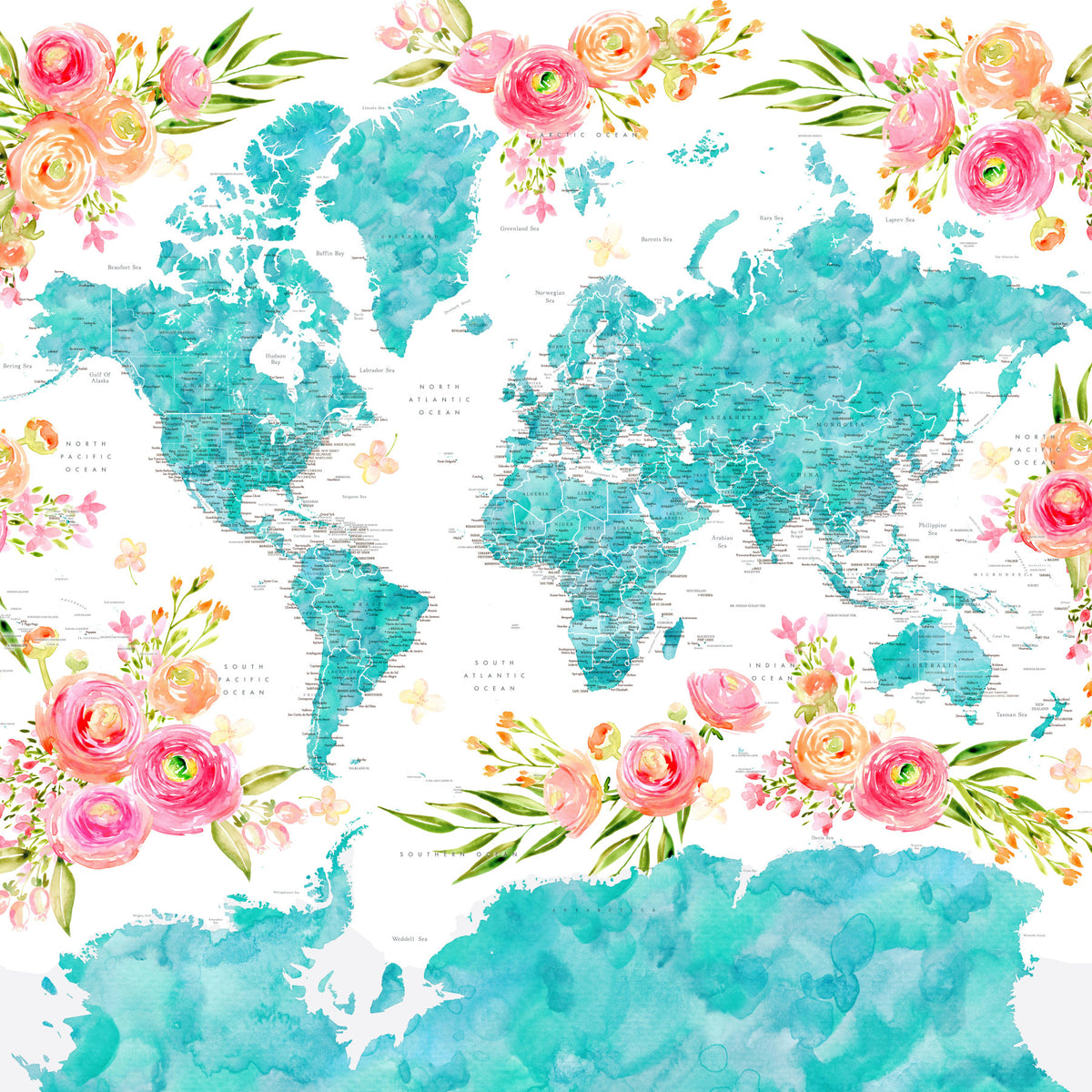 Teal Watercolor World Map Wallpaper in your room