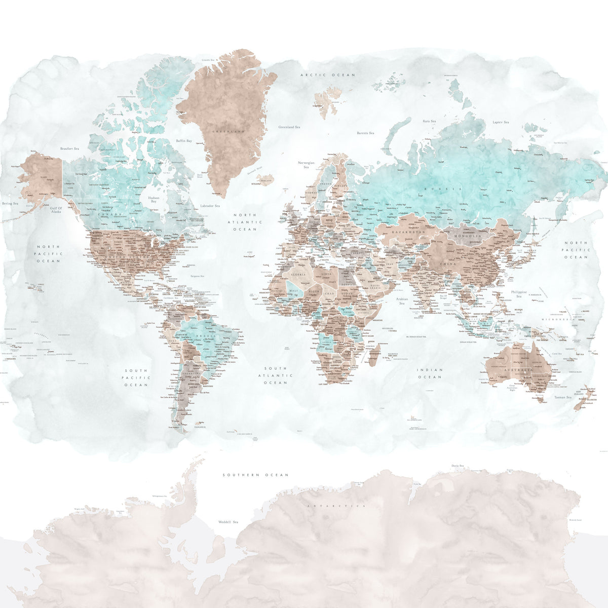 Neutral Watercolor World Map Wallpaper in your room — zoomed