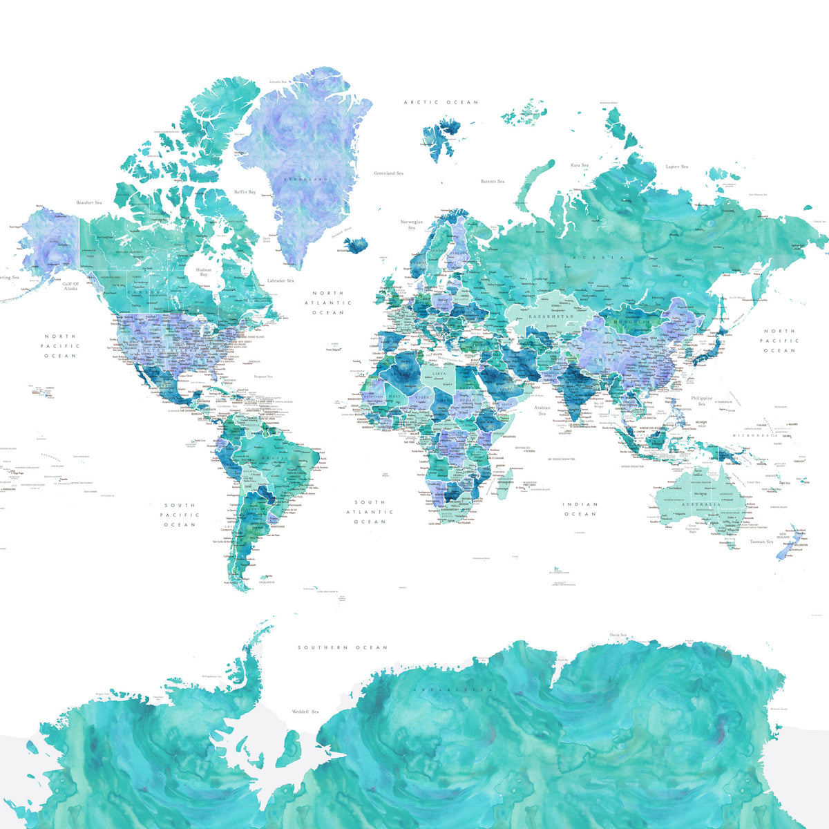 Fond d'écran carte du monde aquarelle turquoise in your room — zoomed