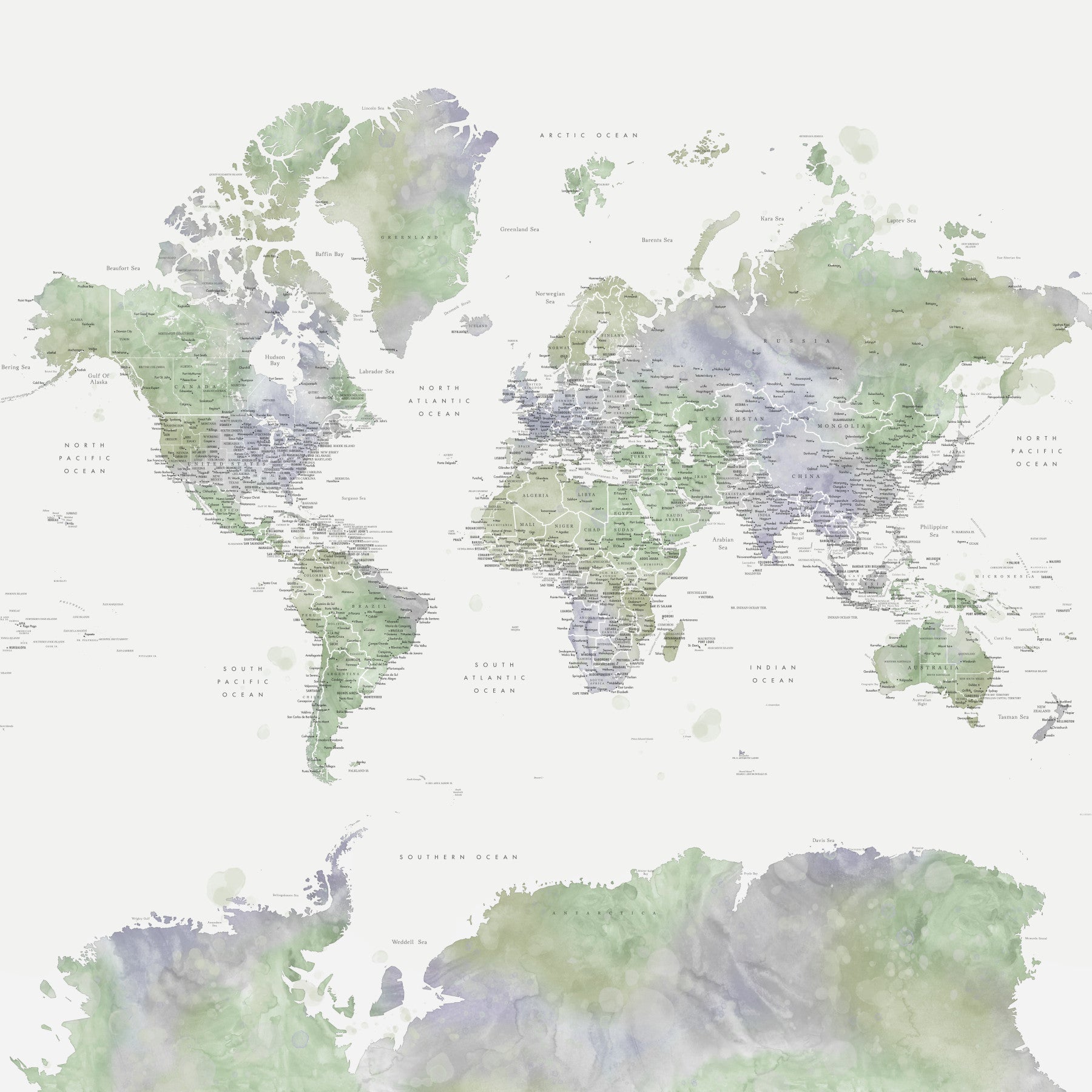 Sfondo della mappa del mondo ad acquerello verde salvia