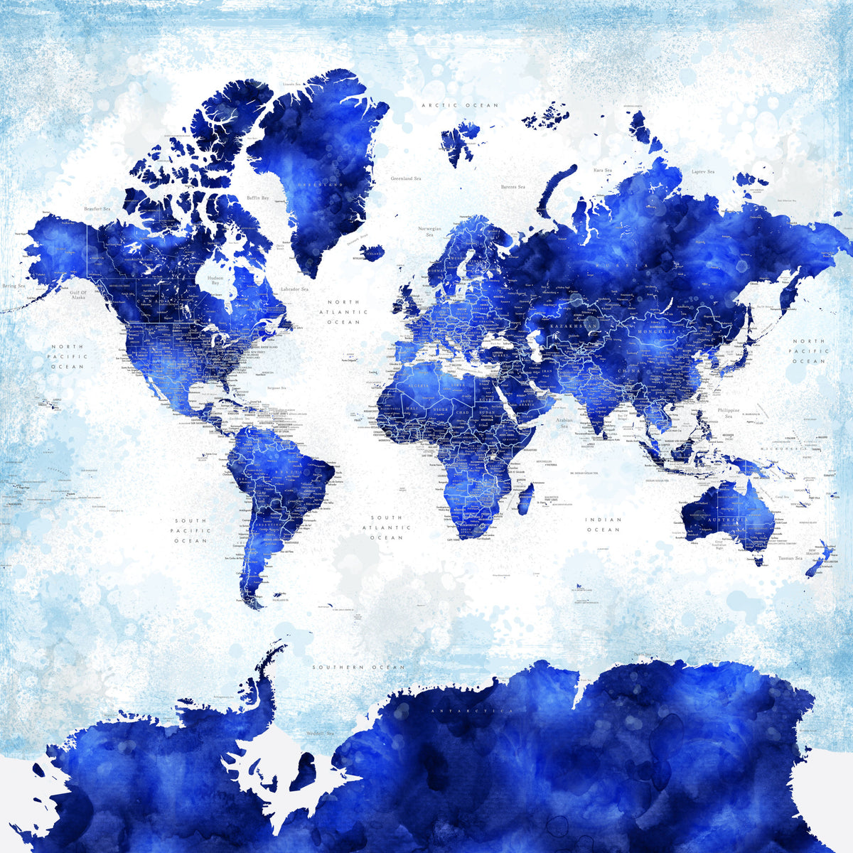 Deep Blue Watercolor World Map Wallpaper in your room