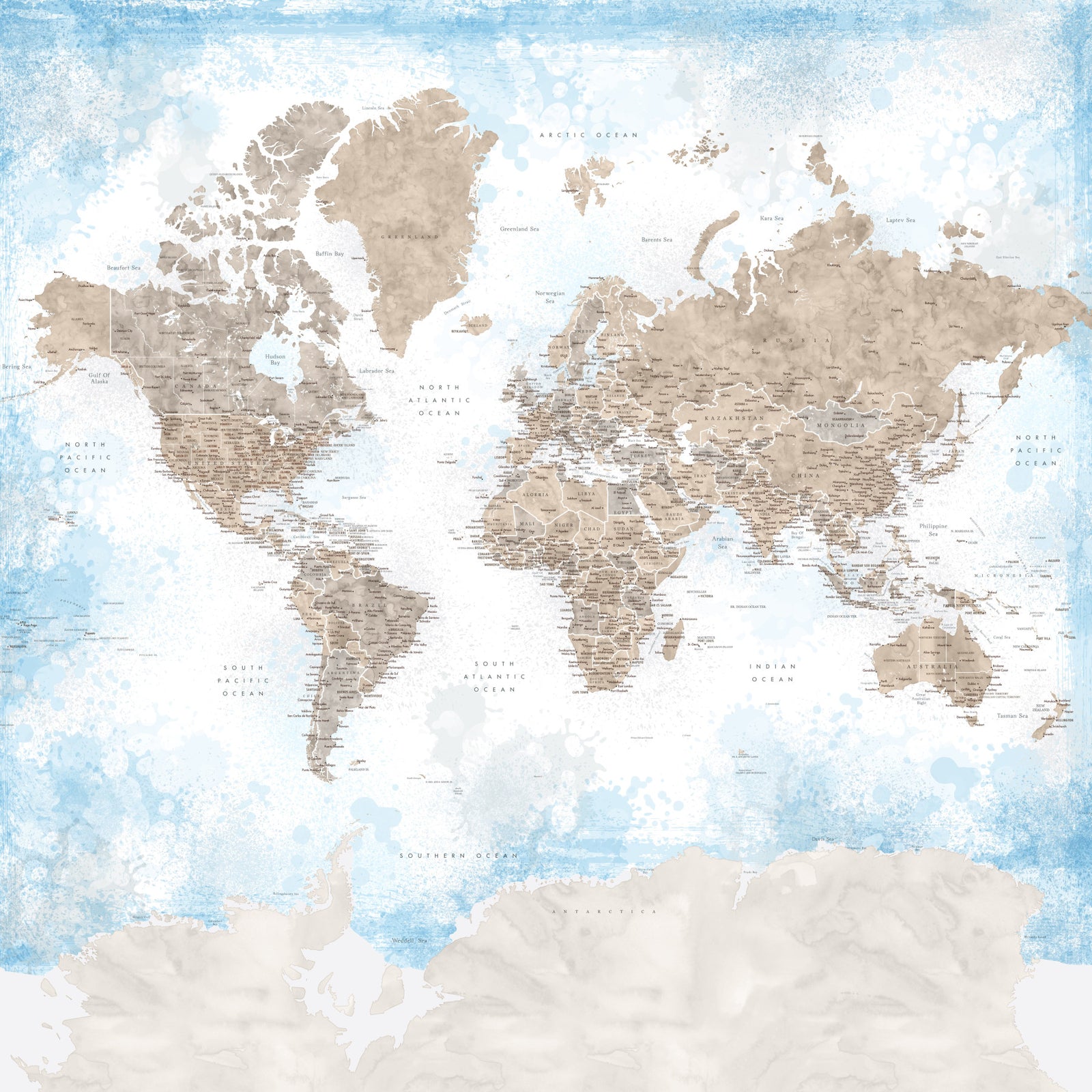 Papier peint aquarelle carte du monde beige et bleu ciel in your room