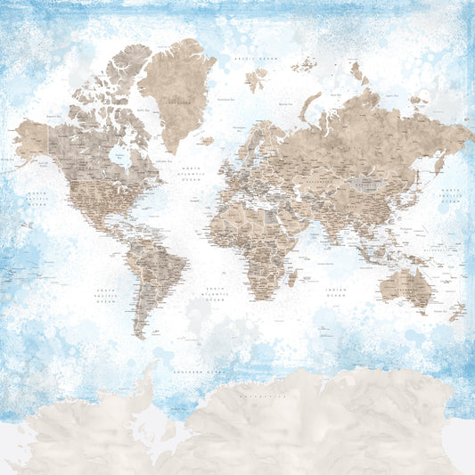 Papier peint aquarelle carte du monde beige et bleu ciel