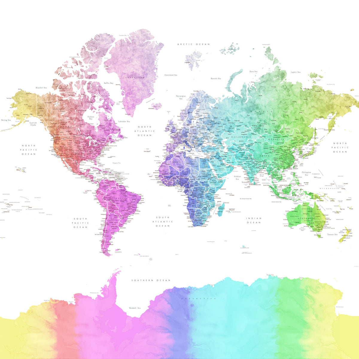Rainbow Watercolor World Map Wallpaper in your room
