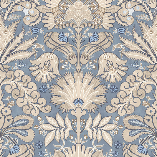 Botanische Damast-Tapete in Creme, Schieferblau und Grau