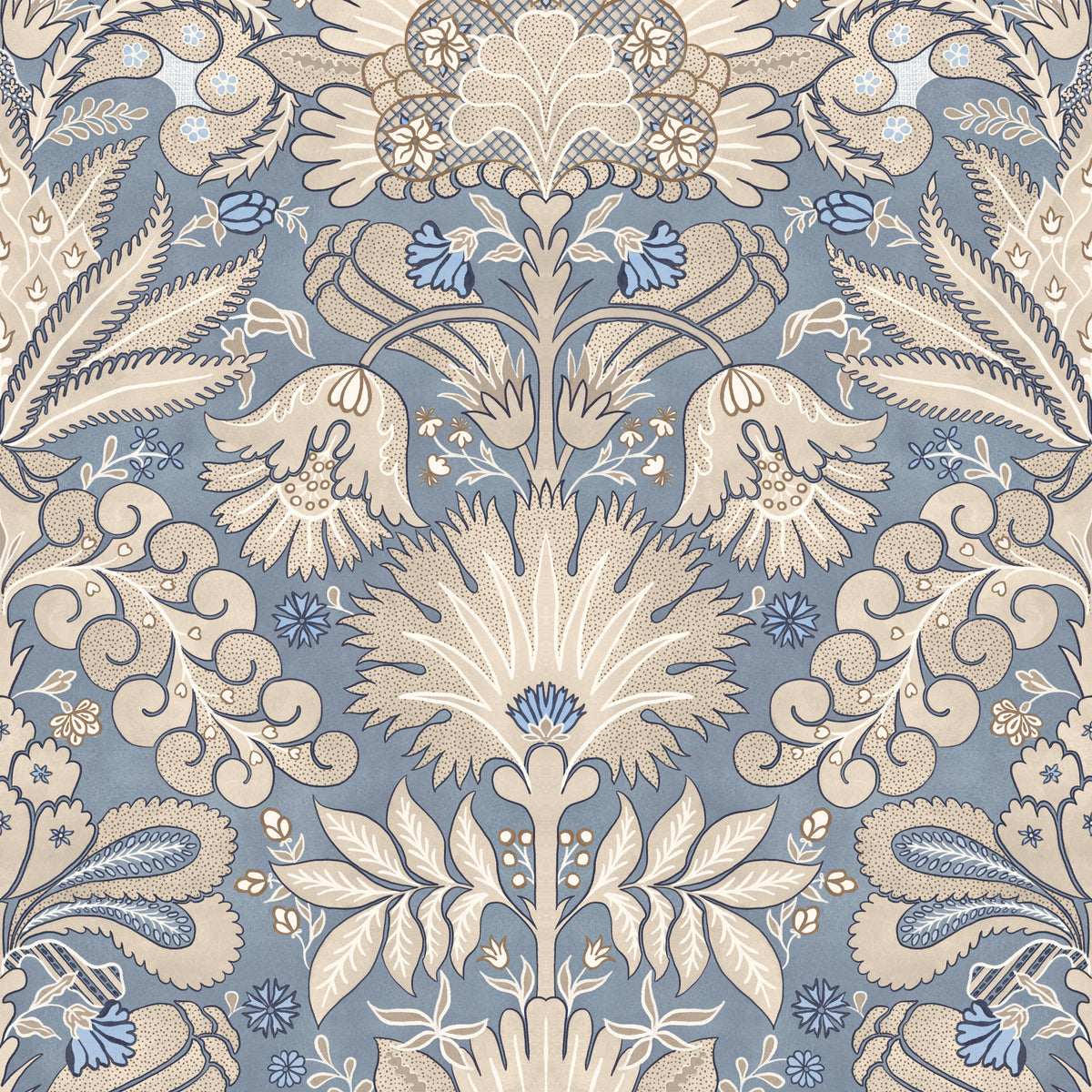 Papier peint botanique damassé crème bleu ardoise gris in your room