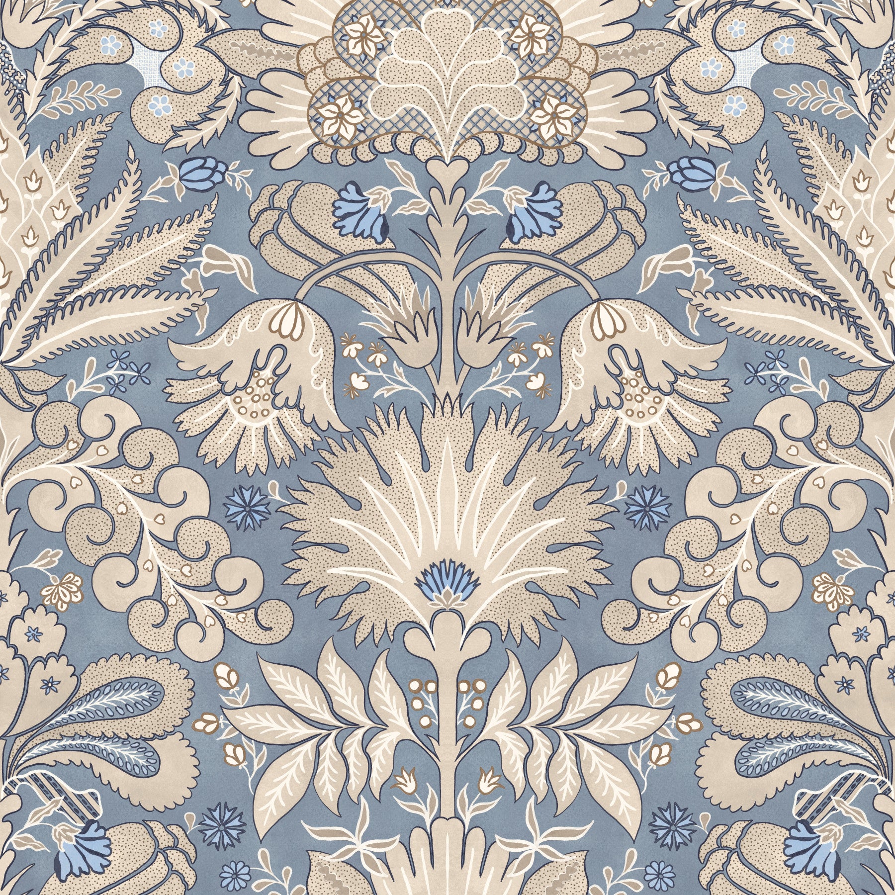 Botanische Damast-Tapete in Creme, Schieferblau und Grau