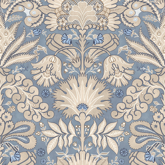 Papier peint botanique damassé crème bleu ardoise gris