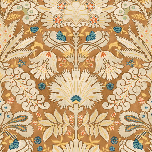 Botanische Damast-Tapete in Creme-Rost