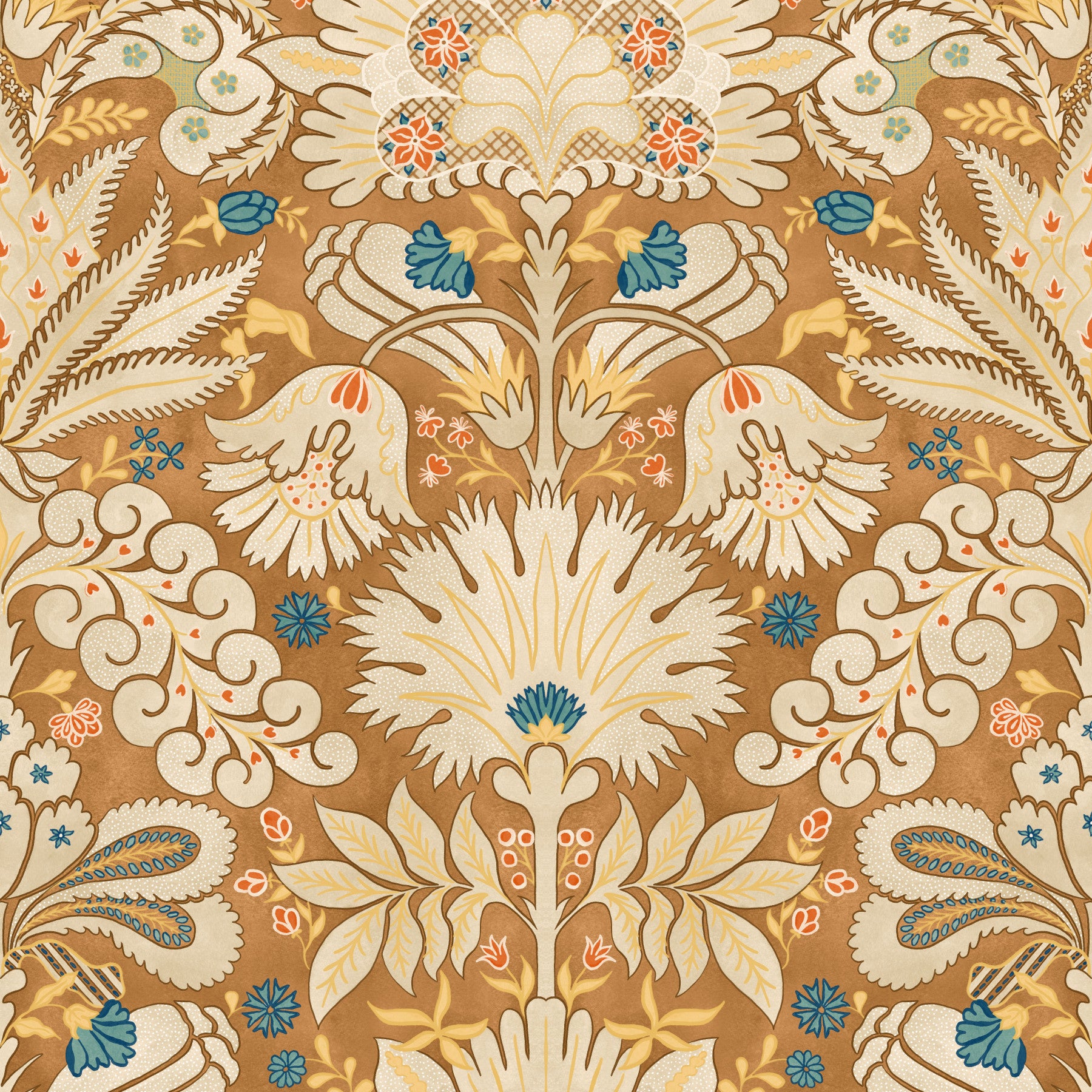 Botanische Damast-Tapete in Creme-Rost
