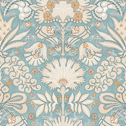 Botanische Damast-Tapete in Creme und Aquablau