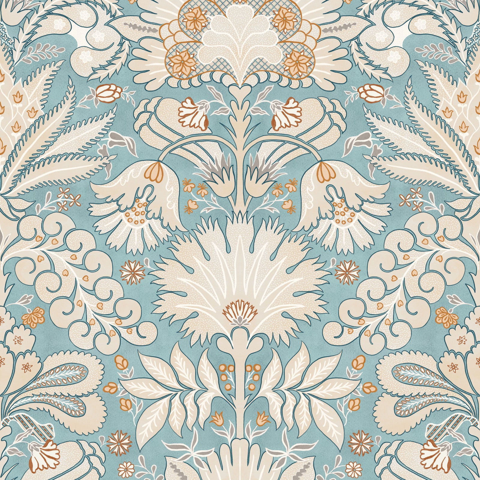 Botanische Damast-Tapete in Creme und Aquablau