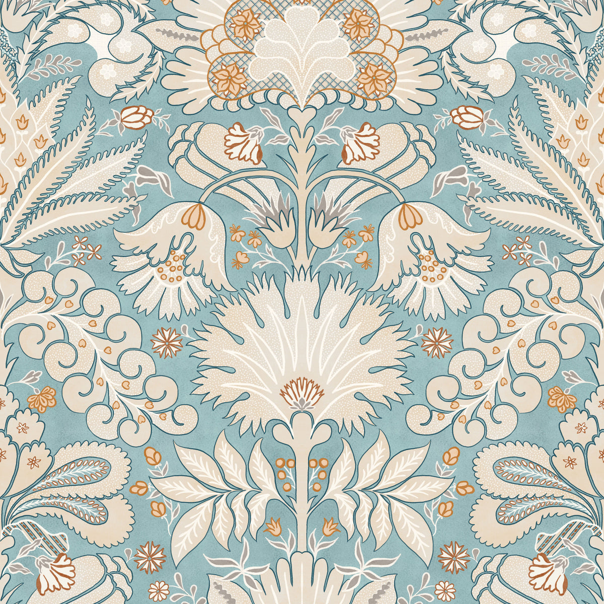 Tapet Botanic Damask Crem Albastru Aqua