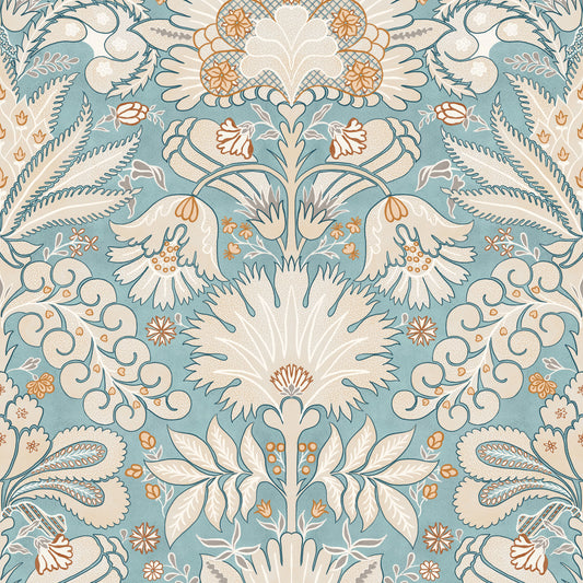 Papier peint botanique Damas Crème Bleu Aqua